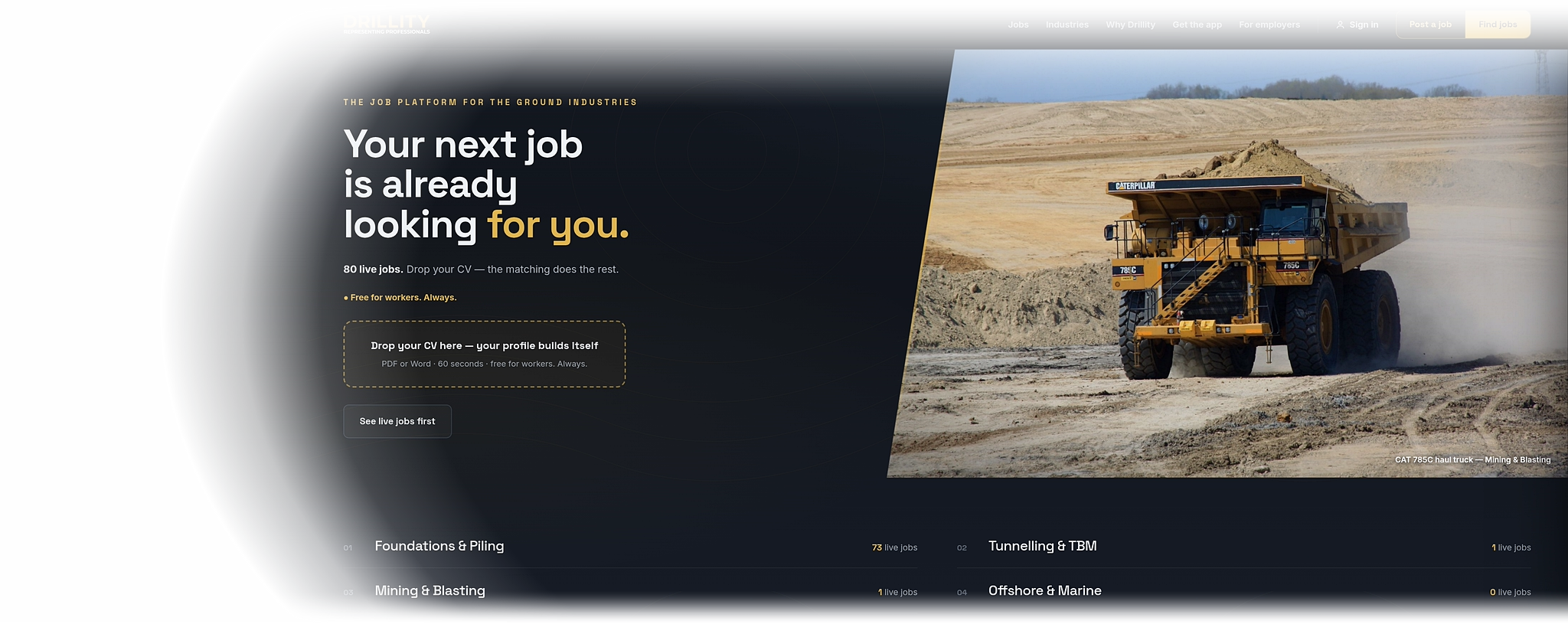 Drillity Talent website — job platform for the ground industries